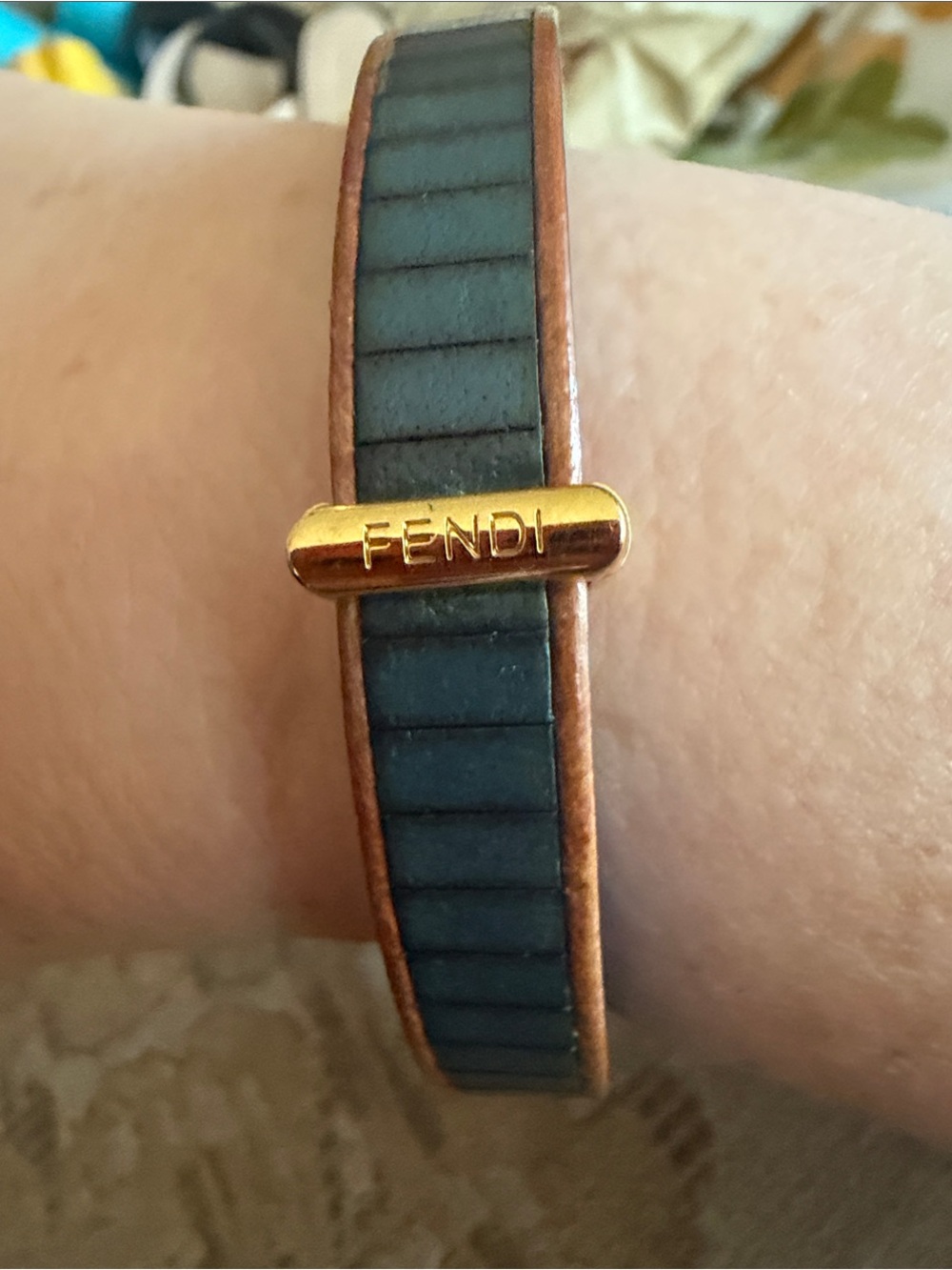 Fendi Blue Leather and brown wood Bangle bracelet. Gold fendi charm. Like new!